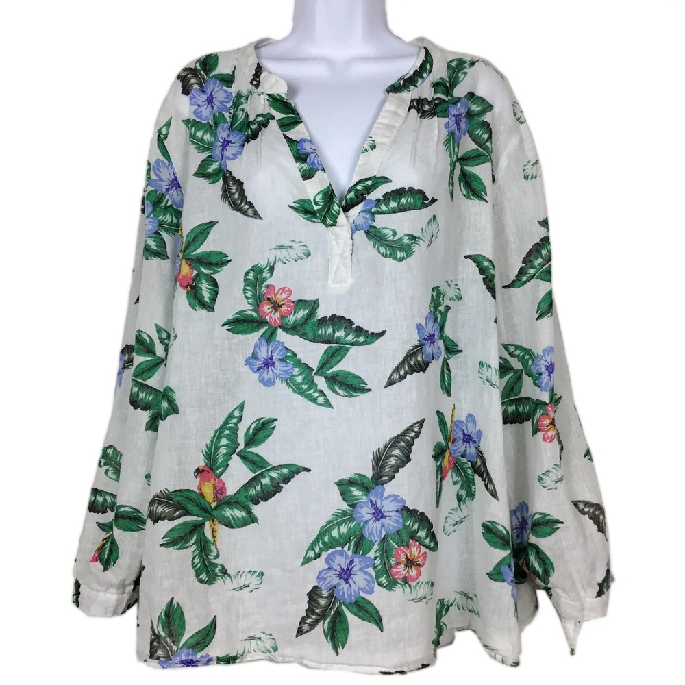 Linen Cotton Tropical Print V-Neck Blouse Top